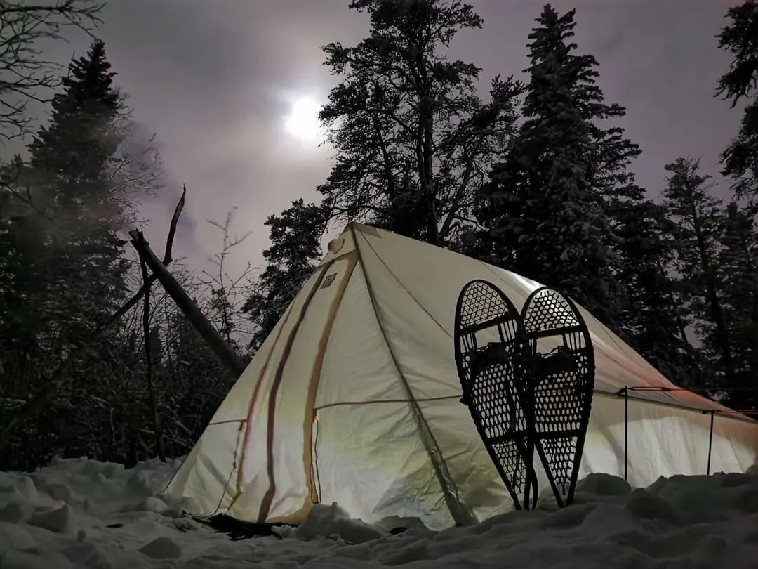 Tent in winter at night