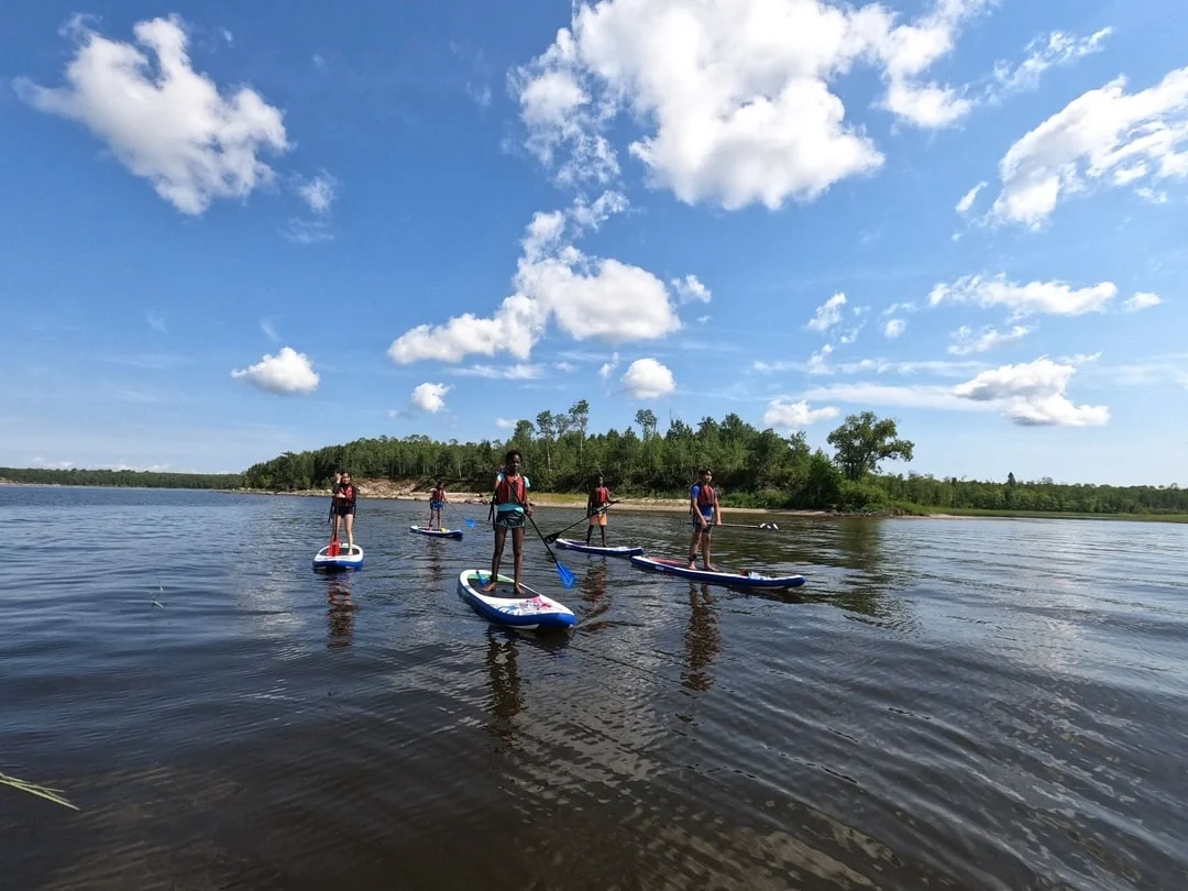 Group paddleboarding to island