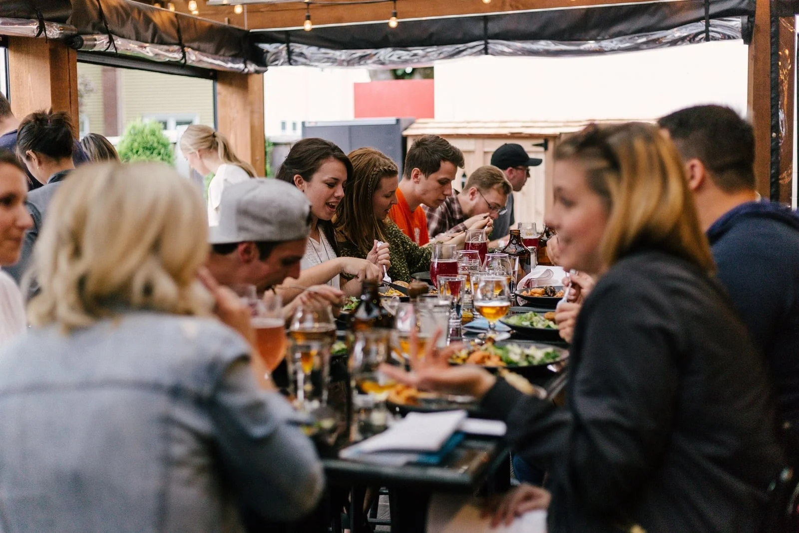 Group eating buffet