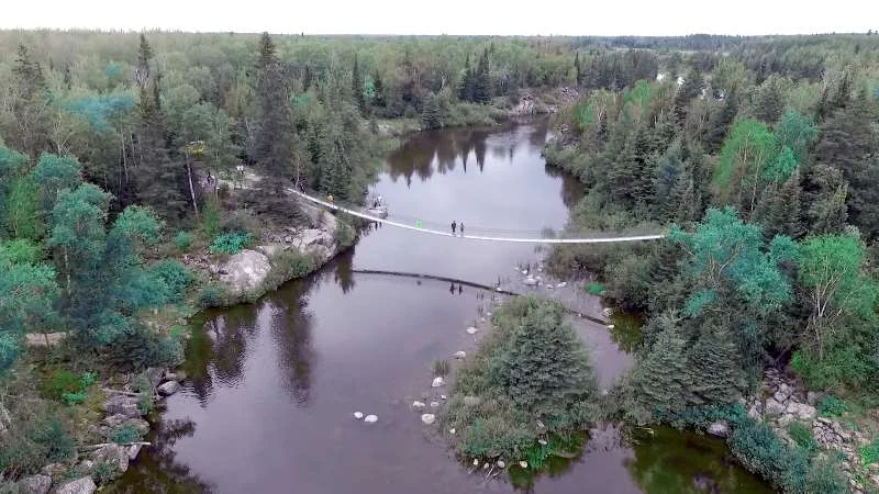 The Pinawa Channel from above, with the bridge crossing it